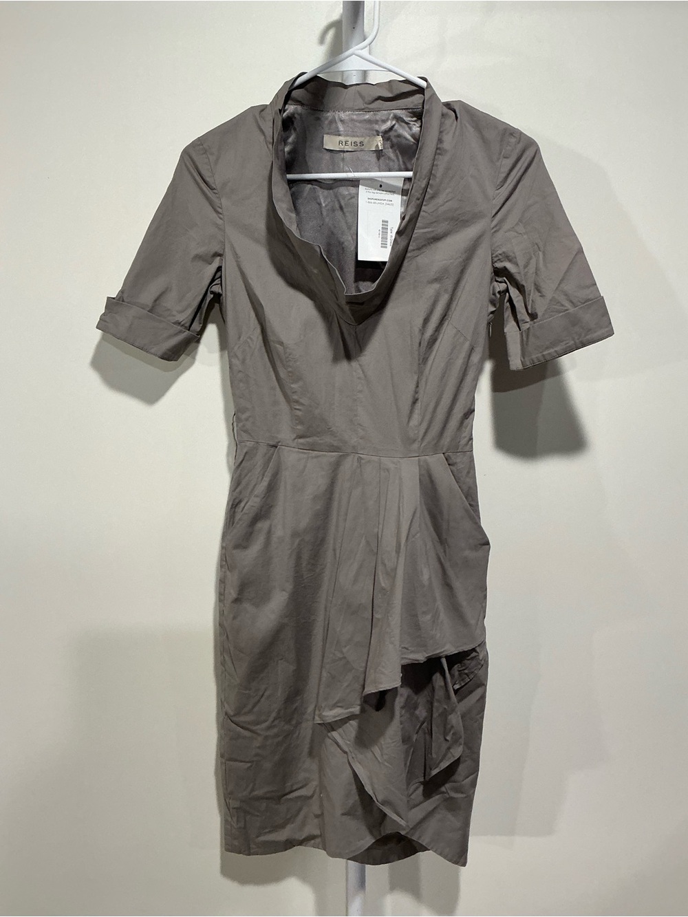 Reiss Taupe Asymmetrical Draped Short-Sleeve Dress